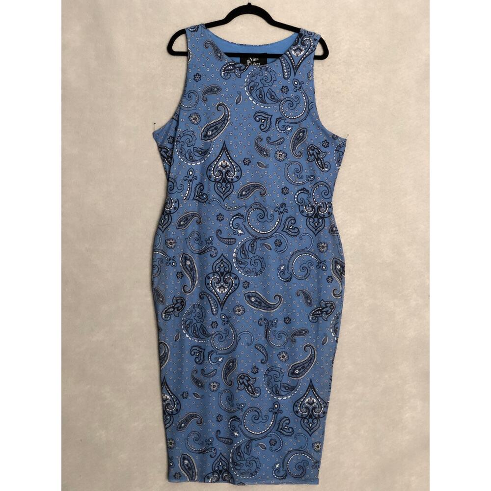 Nina Parker Paisley Print Dress Sleeveless Midi Blue Women's 2X NEW